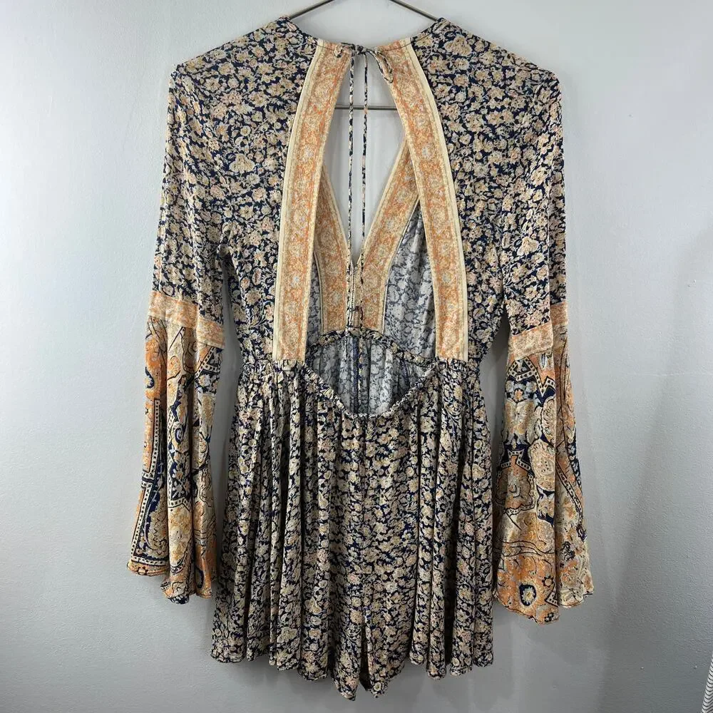FREE PEOPLE Blue Yellow Romper Floral Once Upon a Summertime Bell Sleeve Small S - Picture 8 of 9